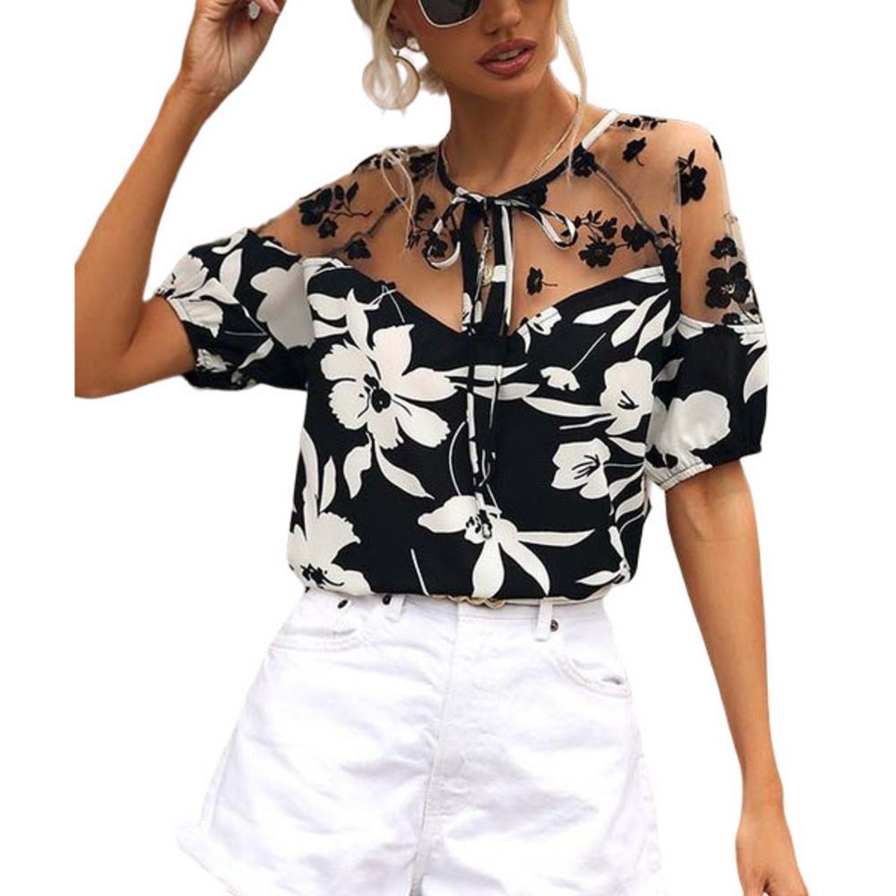 Simple Flavor Black Floral Lace-Accent Peasant Top Size XL